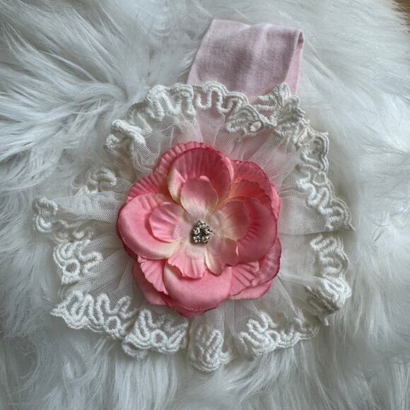 Haute Baby Pink Flower and Lace Boho Stretch Infant Headband - Picture 1 of 6